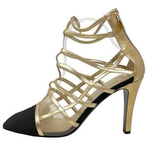 Chanel Black Grosgrain Logo Cap Toe Gold Leather Strappy Gladiator Heels Pumps